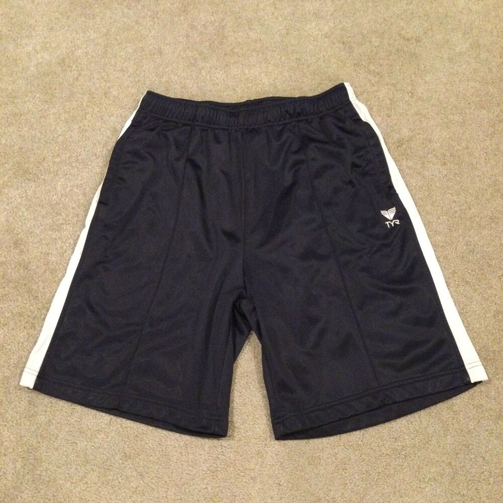 Men’s TYR Navy Blue/White Alliance PODIUM Athletic Gym Shorts Size XL Drawstring